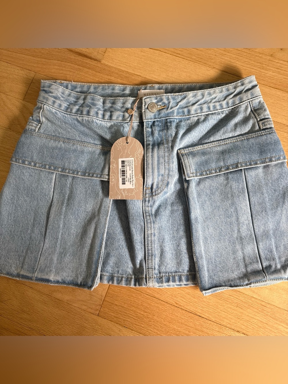 Meshki Light Wash Denim Cargo Mini Shorts